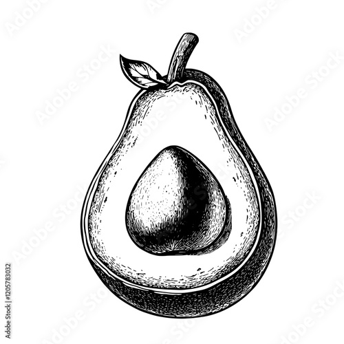Detailed illustration of a halved avocado showcasing its seed and texture against a white background. Generative AI