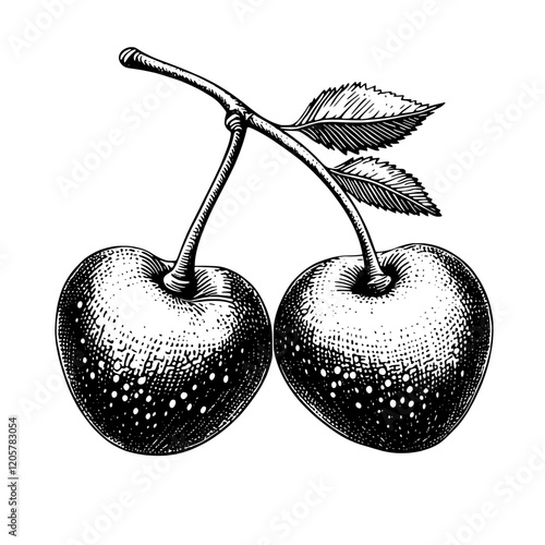 Two cherries on a stem with leaves showcasing a classic black and white illustration style. Generative AI