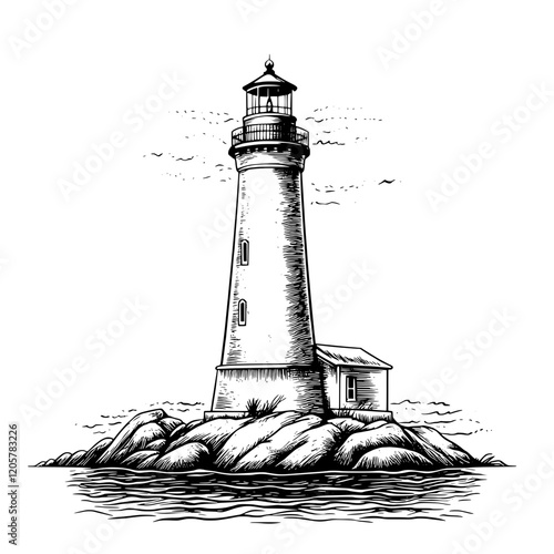Detailed illustration of a lighthouse standing on rocky shore with calm waters under a cloudy sky. Generative AI