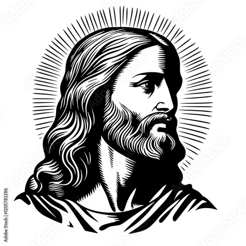 Religious artwork depicting a serene and majestic figure with flowing hair and a radiant halo. Generative AI