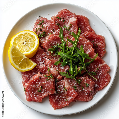 Top view of a juicy Carpaccio, Raw Meat, Lemon on big plate, The white plate is perfectly are arranged neatly, all captured against a pure white background