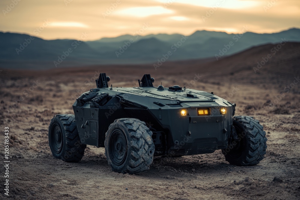 Fototapeta premium Robotic vehicle explores rugged terrain during dusk in a mountainous landscape