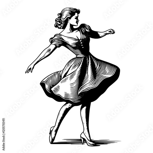 Elegant dancer twirls gracefully in a classic dress during a performance in a vintage style. Generative AI