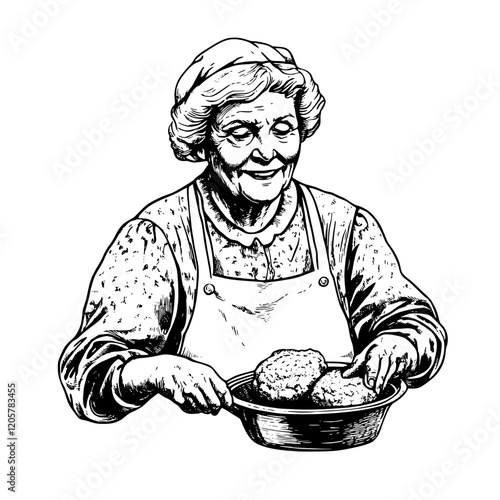 Elderly woman proudly presents freshly baked bread rolls in a rustic kitchen setting, showcasing homey culinary traditions. Generative AI