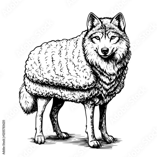 Wolf in sheep's clothing standing confidently with detailed fur patterns in a sketched style on a plain background. Generative AI