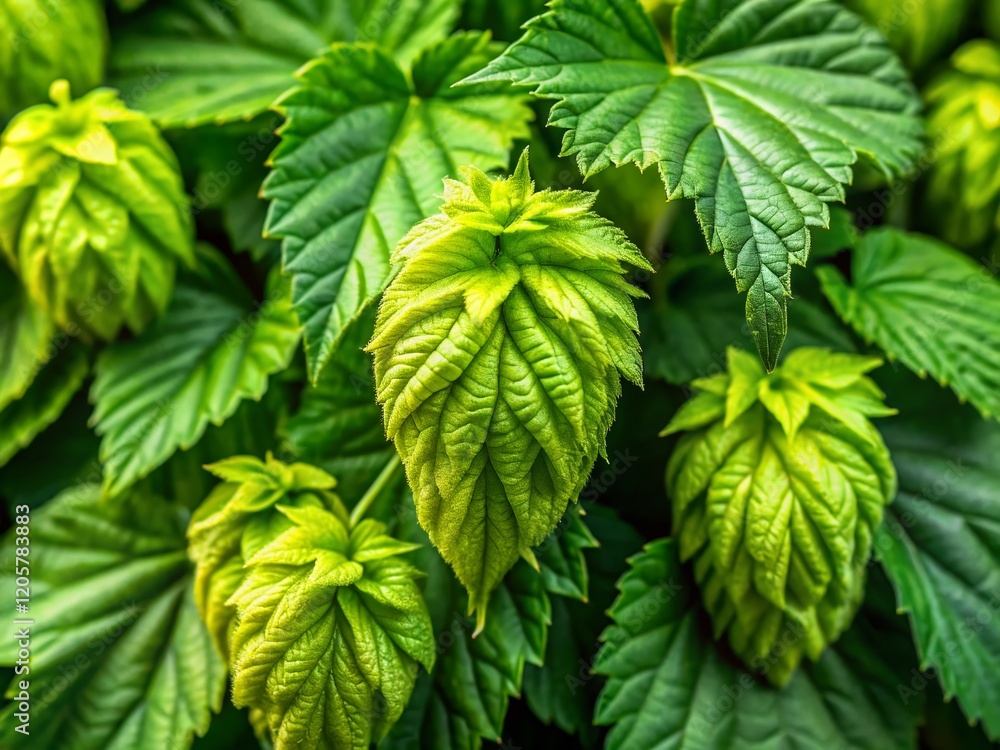 Close-up of Hop Plant Leaves, Green Bines, Brewing Ingredient, Agriculture Close-up of Hop Plant Leaves, Green Bines, Brewing Ingredient, Agriculture