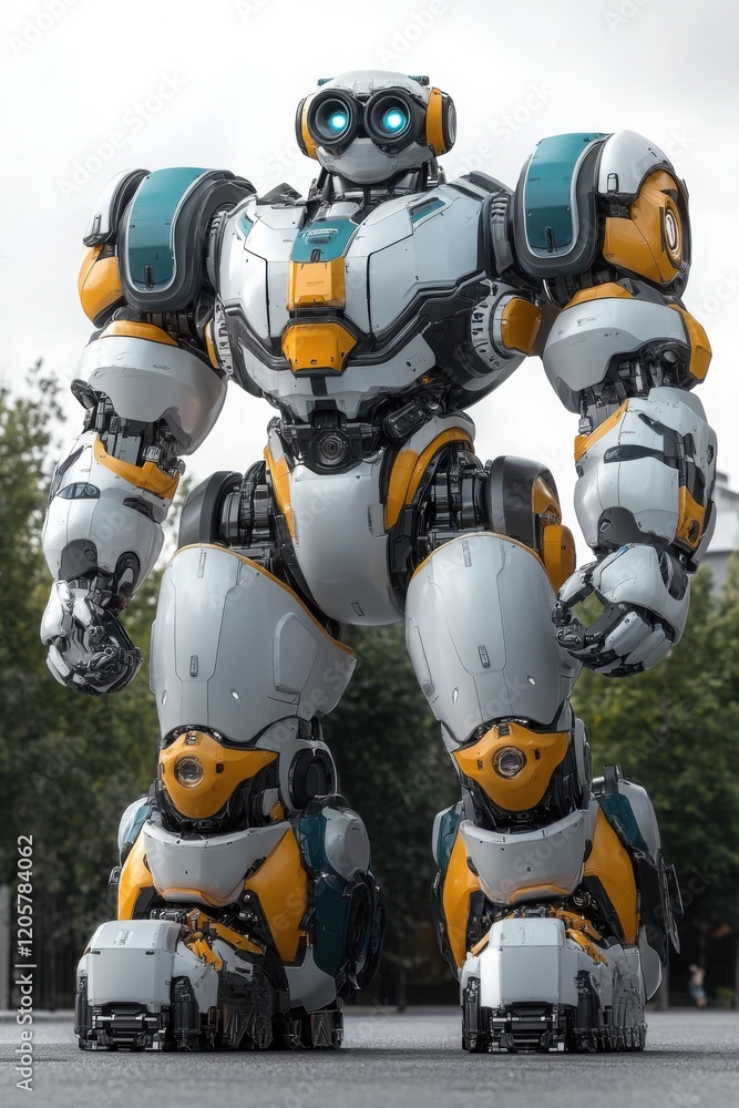 Massive humanoid robot with industrial design and glowing blue eyes standing outdoors
Massive humanoid robot with industrial design and glowing blue eyes standing outdoors