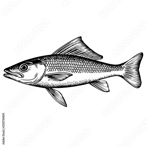 Fish drawing depicting detailed anatomical features with emphasis on fins and scales in black and white art style. Generative AI