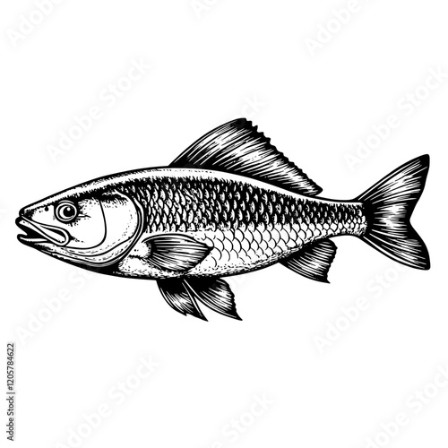 Detailed black and white illustration of a fish swimming in clear water surrounded by bubbles and aquatic plants. Generative AI