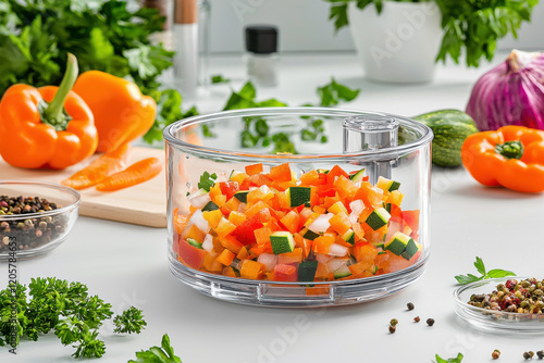 Freshly chopped vegetables in clear bowl, surrounded by colorful ingredients like bell peppers, herbs, and spices, creating vibrant kitchen scene photo