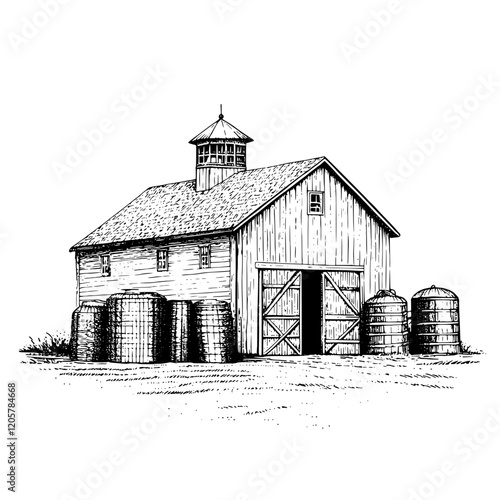 Rustic farm building with grain silos and countryside backdrop at midday under clear skies. Generative AI