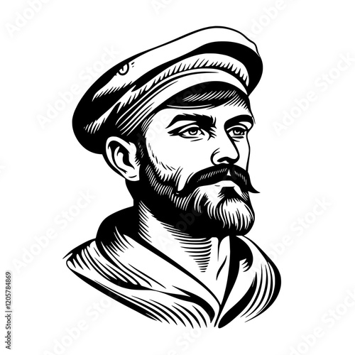 Portrait of a sailor wearing a cap and coat, showcasing a strong expression and well-defined facial features. Generative AI