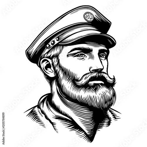 Strong looking man with a beard and hat showcases vintage style and determination in a classic portrait. Generative AI
