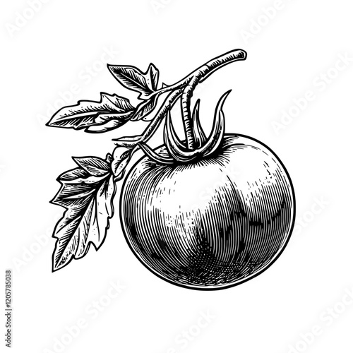 Detailed illustration of a ripe tomato hanging from its vine with green leaves on a white background. Generative AI