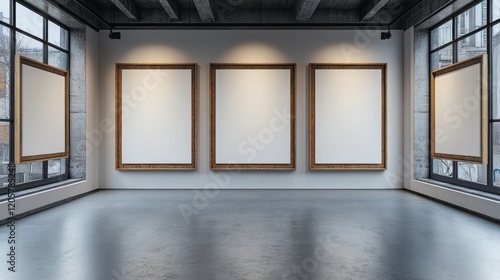 5 blank white canvases mock up with wooden frame on white wall, simple minimalist design, dark ambient cinematic lighting