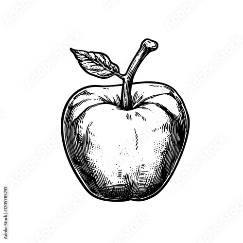 Close-up illustration of a detailed apple with a leaf on a white background. Generative AI
