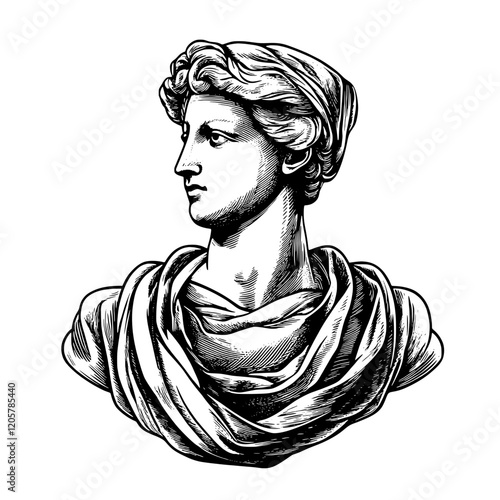 Classic bust of a young man with draped clothing and detailed hair, showcasing ancient artistry and craftsmanship. Generative AI