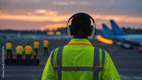 An airport ground crew worker from the back, wearing a high-visibility jacket and noise-canceling headphones, guiding an airplane on the runway at dusk photo