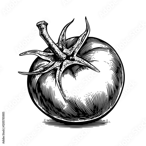 Detailed illustration of a ripe tomato with a prominent stem and leaves, showcasing its texture and round shape. Generative AI