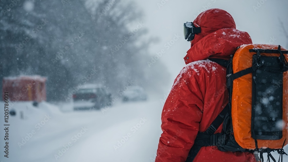 An arctic researcher from the back, wearing a red insulated parka and snow goggles, walking through a blizzard with research equipment strapped to their back An arctic researcher from the back, wearing a red insulated parka and snow goggles, walking through a blizzard with research equipment strapped to their back