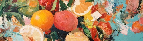 Vibrant still life painting of citrus fruits and flowers.  Impasto technique creates texture and depth.  Perfect for home decor or art blogs.