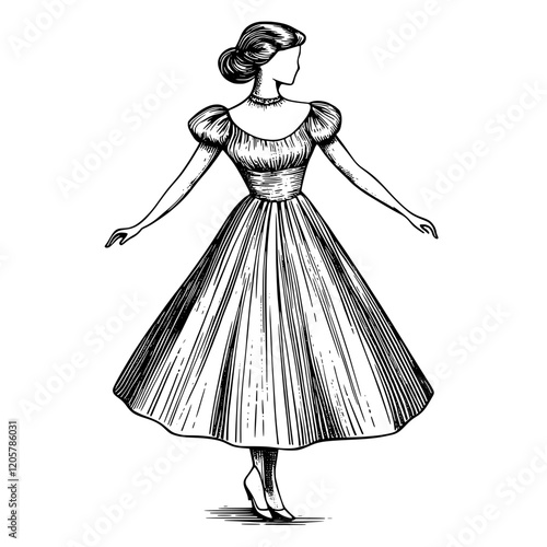 Elegant vintage illustration of a woman in a classic dress twirling gracefully with poise and charm in a timeless setting. Generative AI
