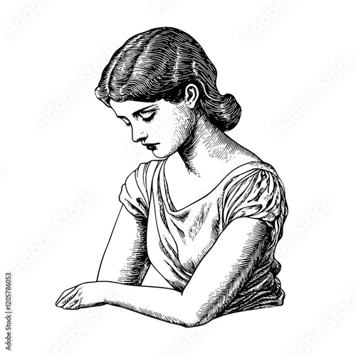 Girl in a thoughtful pose, wearing a simple dress, showcasing an introspective moment in a vintage style illustration. Generative AI