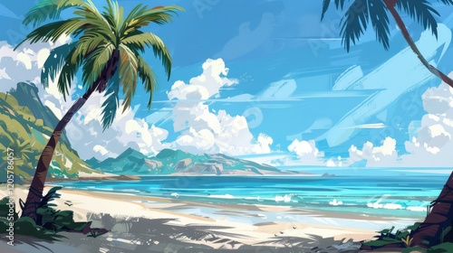 Tropical beach with coconut trees on a sunny day