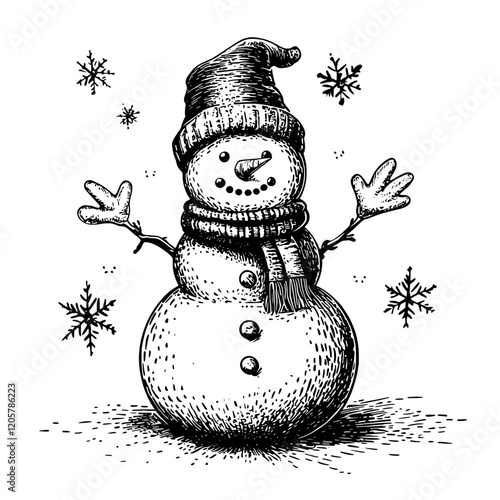 Cheerful snowman wearing a hat and scarf standing happily among snowflakes in a winter wonderland. Generative AI