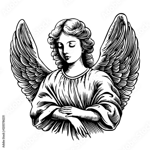 Detailed black and white illustration of an angel with folded arms and serene expression surrounded by majestic wings. Generative AI