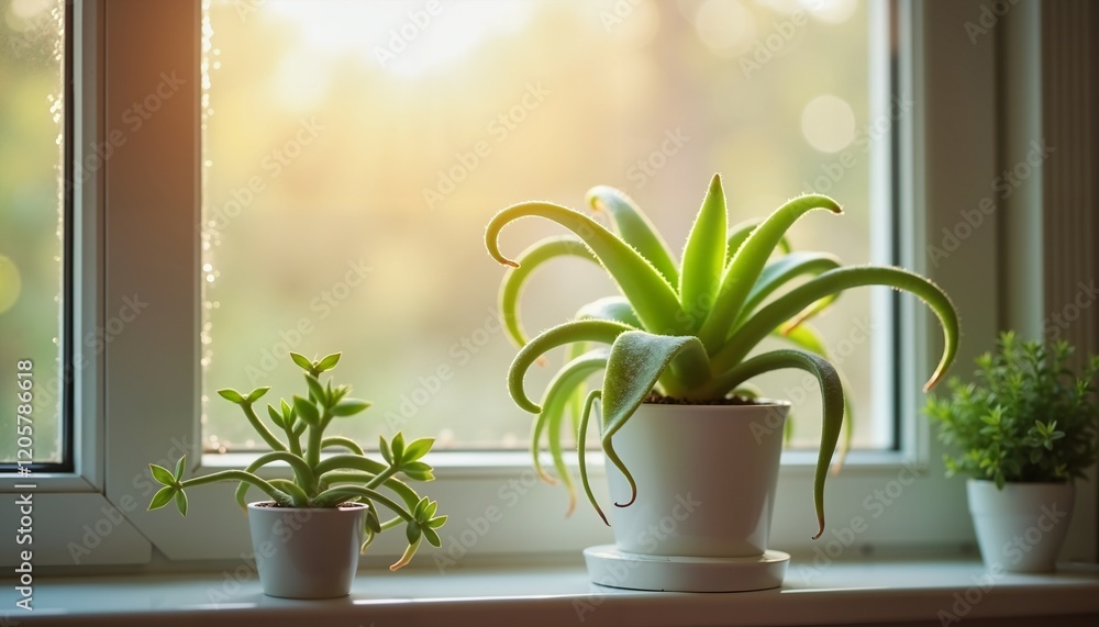 Fototapeta premium Succulent Arrangement on Windowsill, Vibrant Greens, Relaxing Home Decor Inspiration