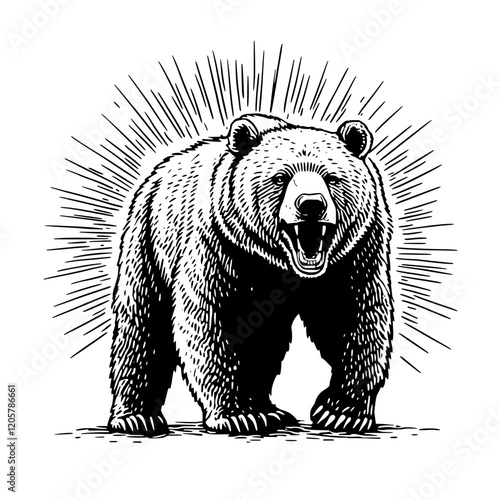 Powerful bear roaring with bold radiance in a striking black and white illustration. Generative AI