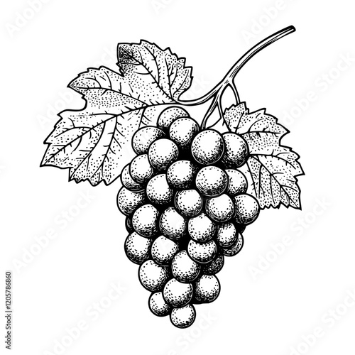 Detailed illustration of a grape cluster with leaves showcasing its natural beauty and intricate features. Generative AI