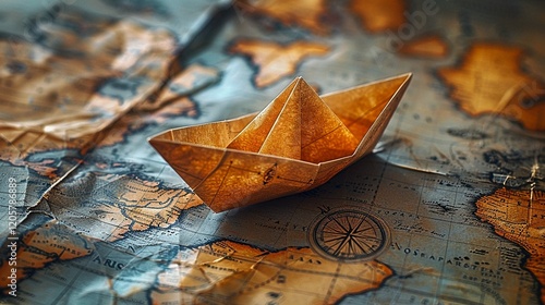 Wallpaper Mural Paper boat placed on a world map representing wander world travel Torontodigital.ca