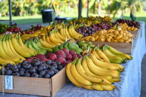 Fototapeta Naklejka Na Ścianę i Meble -  Farmers market displaying fresh tropical fruits in crates