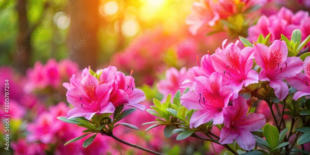 Obraz premium Vibrant bright pink azalea flowers are on full display in a sunny garden setting, showcasing their stunning beauty and vibrant color palette , sunny garden, garden blooms