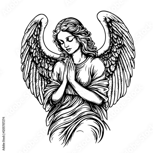 Angel with folded hands expressing peace and serenity in a detailed black and white illustration. Generative AI