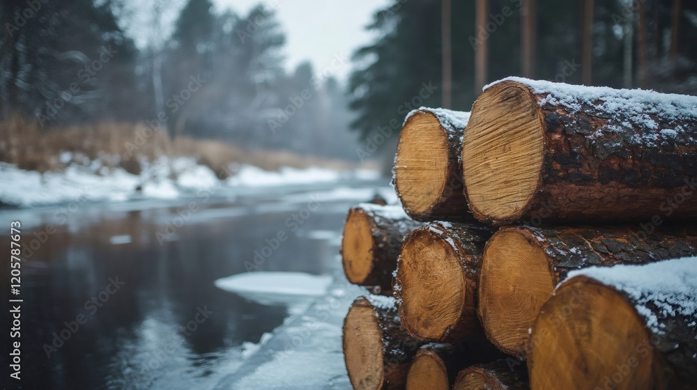 Stack of logs covered with snow by a frozen river in winter Stack of logs covered with snow by a frozen river in winter