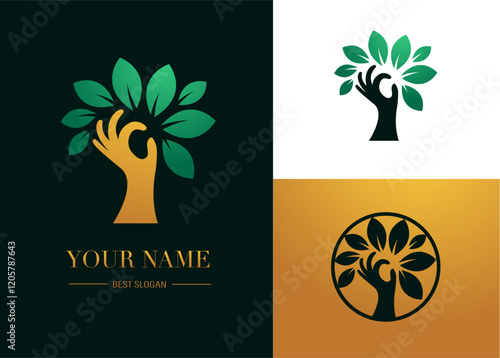 Adaptive Hand-Tree Logo. Stylized Design with a Hand as the Trunk Holding Leaves