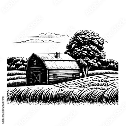 Rustic barn nestled in a vast field under a cloudy sky during late afternoon. Generative AI