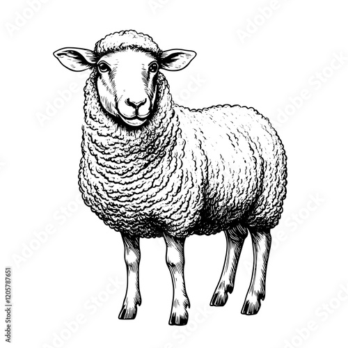 Realistic sketch of a sheep with detailed wool, standing calmly in a natural setting showcasing its features and expressions. Generative AI