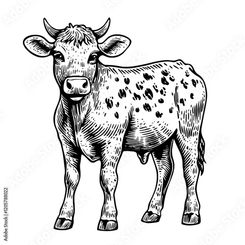 Cute spotted calf standing in a grassy field during a sunny day in rural countryside. Generative AI