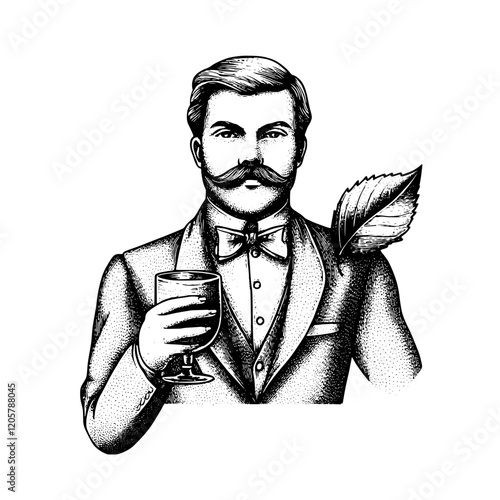 Vintage gentleman holding a drink with a leaf on his shoulder in a classic style illustration. Generative AI