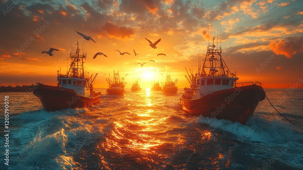 Obraz premium Majestic Fishing Fleet at Sunset: A Stunning Ocean Scene