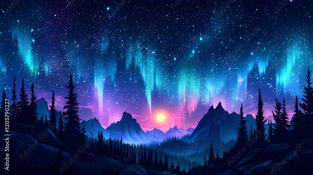 Fototapeta premium A vibrant retro-style nighttime sky with deep blues and purples, bold stars, and a glowing moon over a serene landscape with stylized trees and mountains. 