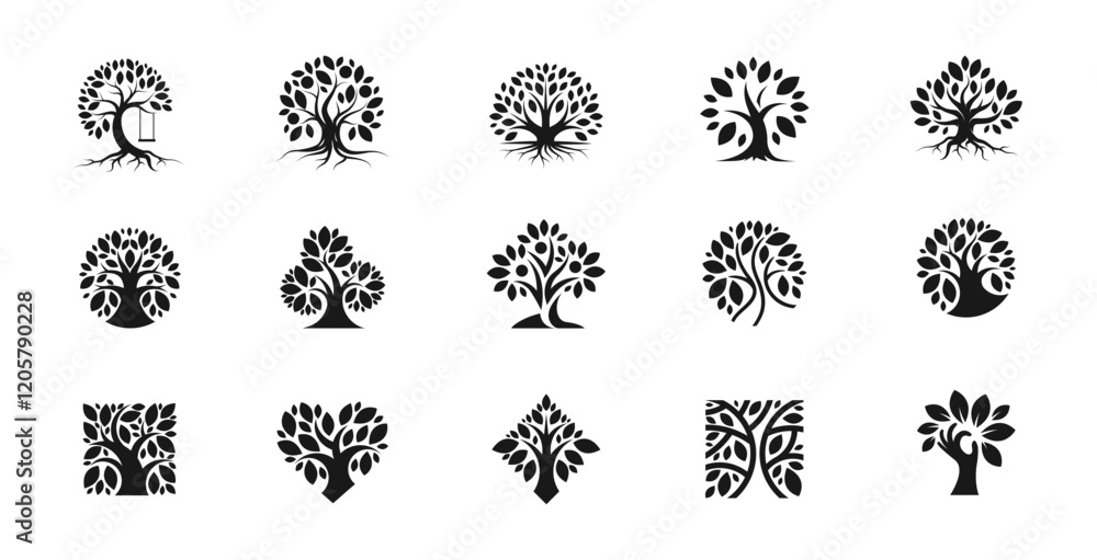 Modern Tree Silhouette Logo Set. Ideal for Eco-Friendly Brands, Businesses, Versatile Black Icons Modern Tree Silhouette Logo Set. Ideal for Eco-Friendly Brands, Businesses, Versatile Black Icons