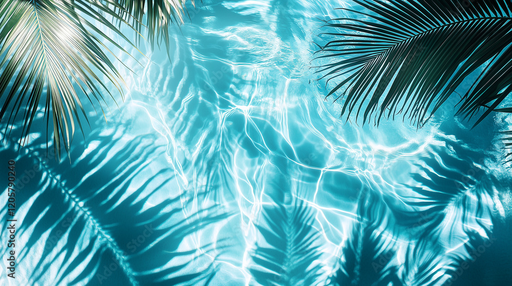 Tropical palm leaves overlooking shimmering turquoise pool water Tropical palm leaves overlooking shimmering turquoise pool water