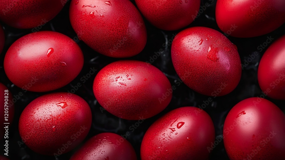 Vibrant red Easter eggs arranged on a dark surface Vibrant red Easter eggs arranged on a dark surface