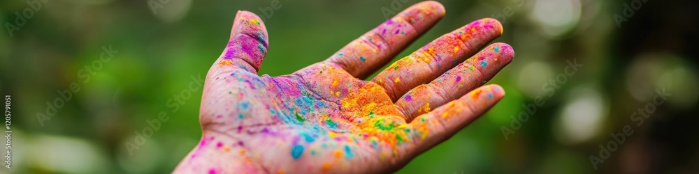 Fototapeta premium close-up of single hand covered in multicolored holi powders reaching out against blurred green background