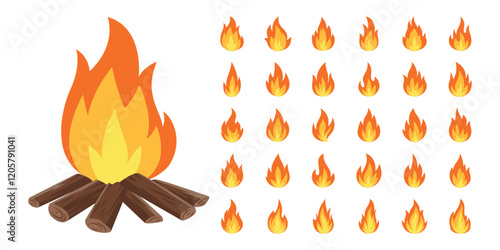 Campfire with Logs, Vector Cartoon Illustration. Design Template for Camping, Outdoor Activities. Tourist Campfire Clipart Collection. Nature, Adventure, Travel Designs, Outdoor Campfire Set